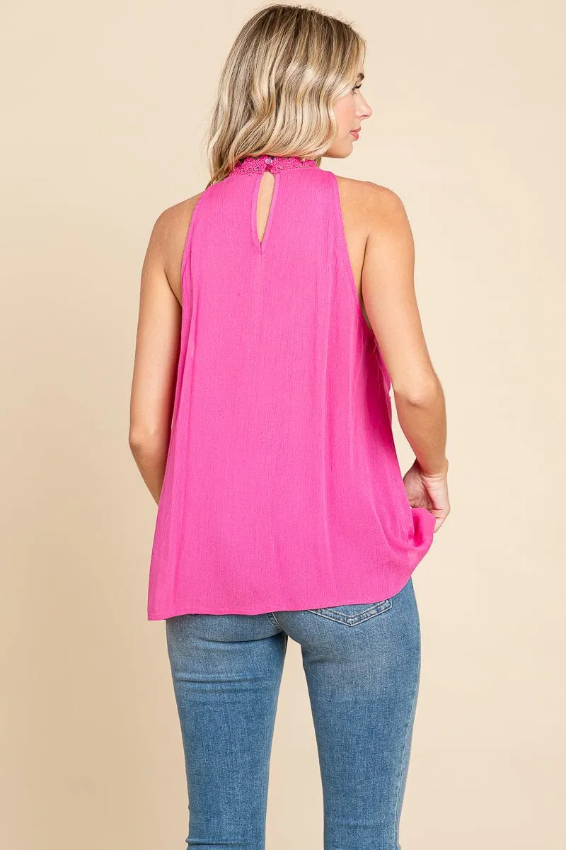 Lace Round Neck Sleeveless Cami Cotton Tops