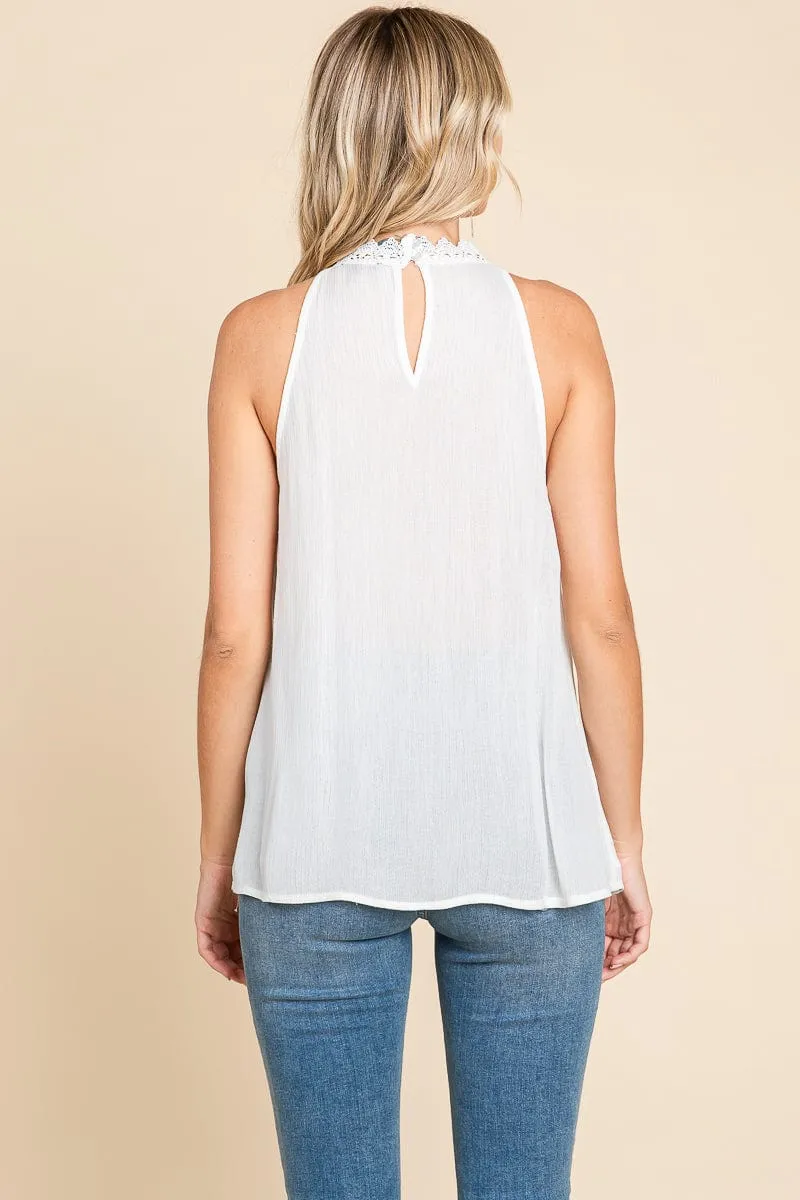 Lace Round Neck Sleeveless Cami Cotton Tops