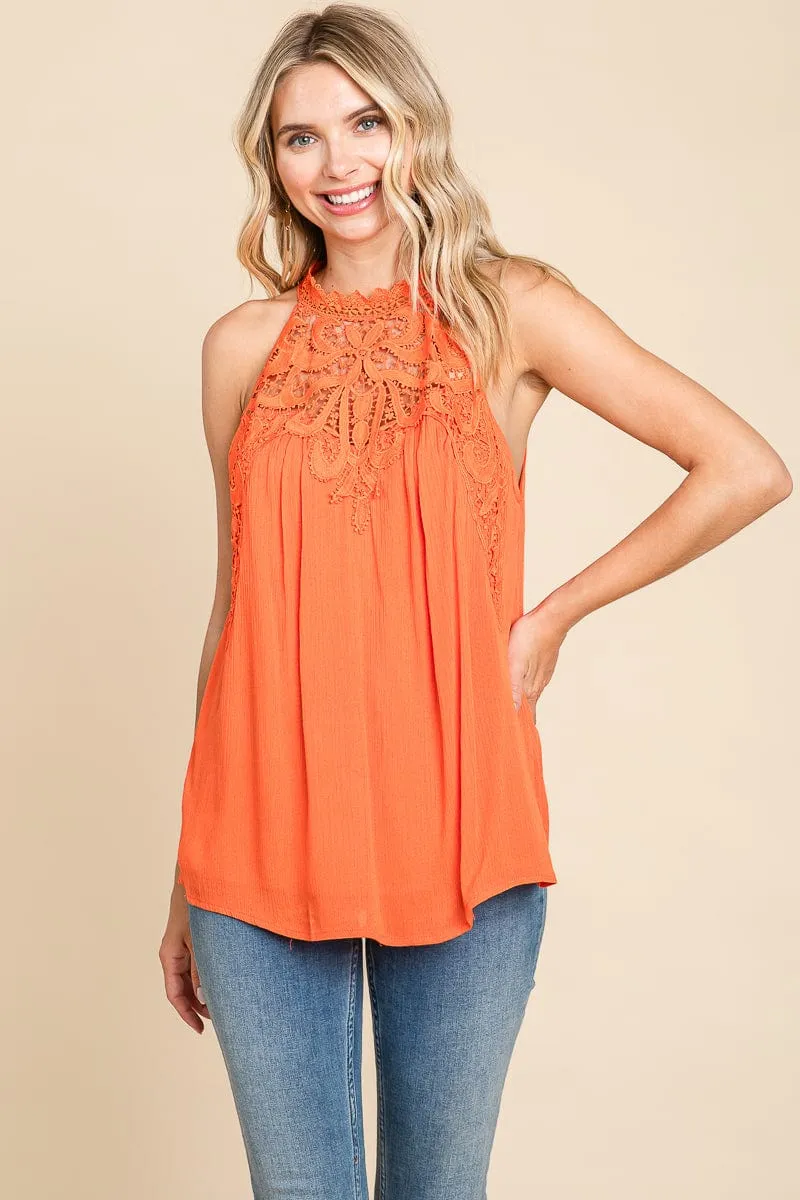 Lace Round Neck Sleeveless Cami Cotton Tops