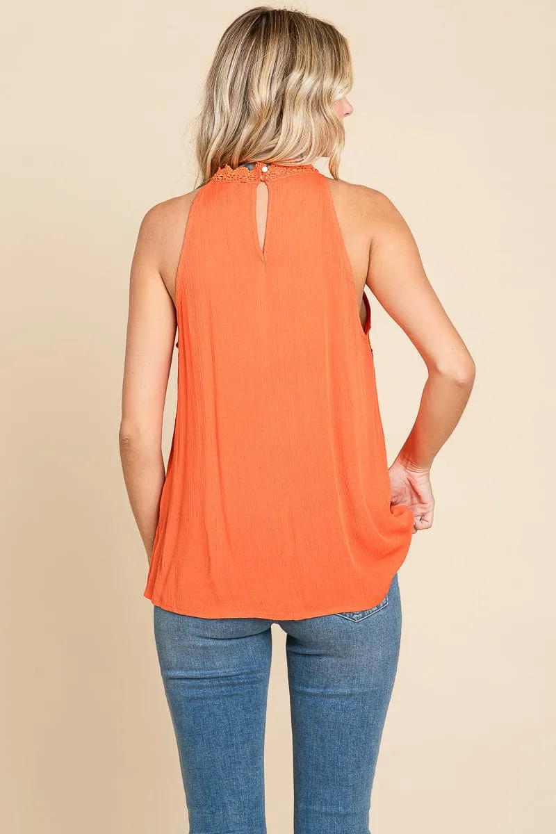 Lace Round Neck Sleeveless Cami Cotton Tops