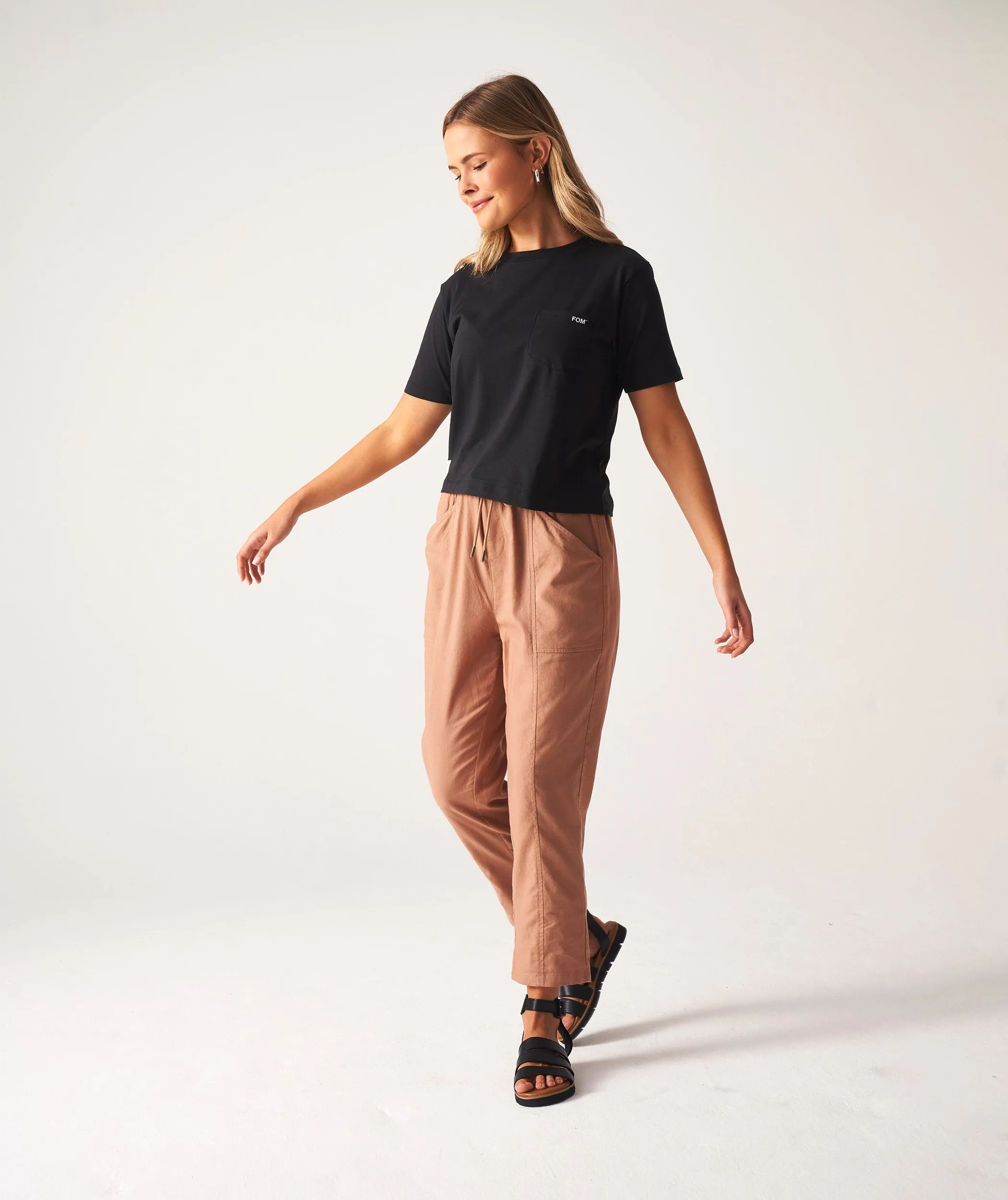 Ladies Linen Blend Drawcord Pants - Caramel