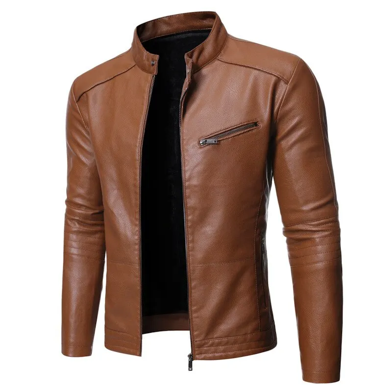 Men Autumn Winter Jacket Leather Jacket Slim Fit Stand Collar Male Anti-wind Motorcycle Lapel Diagonal Zipper Jacket Men