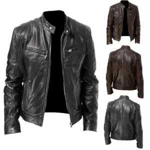 Men Autumn Winter Jacket Leather Jacket Slim Fit Stand Collar Male Anti-wind Motorcycle Lapel Diagonal Zipper Jacket Men