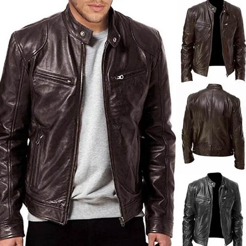 Men Autumn Winter Jacket Leather Jacket Slim Fit Stand Collar Male Anti-wind Motorcycle Lapel Diagonal Zipper Jacket Men