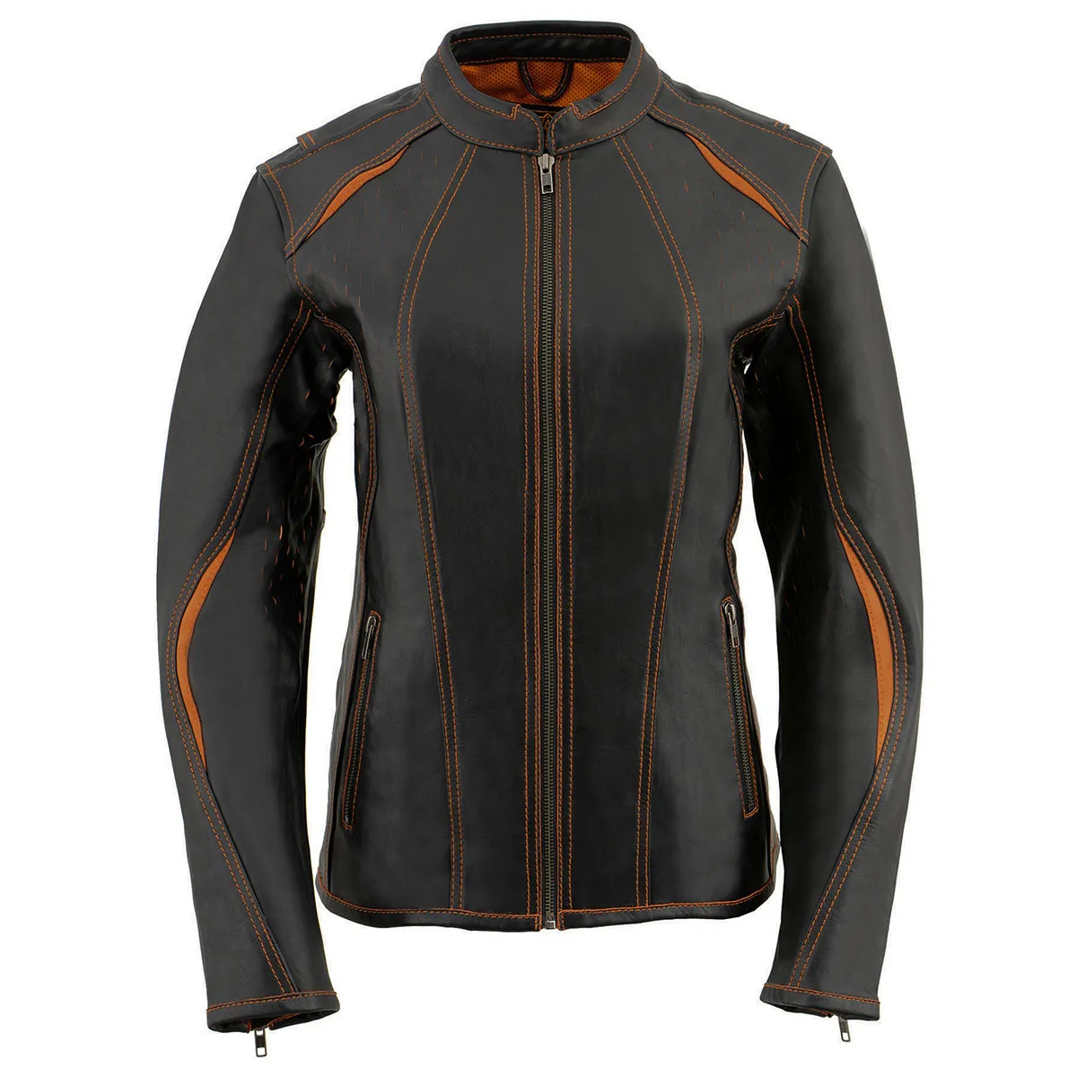 Milwaukee Leather MLL2502 Women's 'Laser Cut' Distressed Black and Orange Scuba Style Racer Jacket