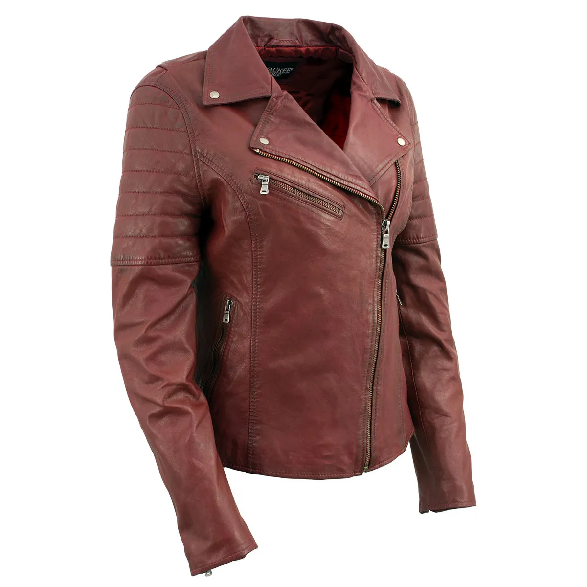 Milwaukee Leather Red Vintage Motorcycle Inspired Vegan Tan Fashion Leather Jacket for Women SFL2812