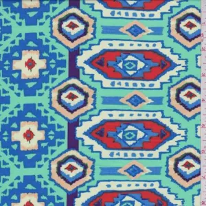 Mint/Blue/Orange Aztec Medallion Rayon Challis Fabric