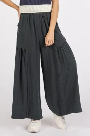 Mittoshop Gauze Elastic Waist Pleated Wide Leg Pants