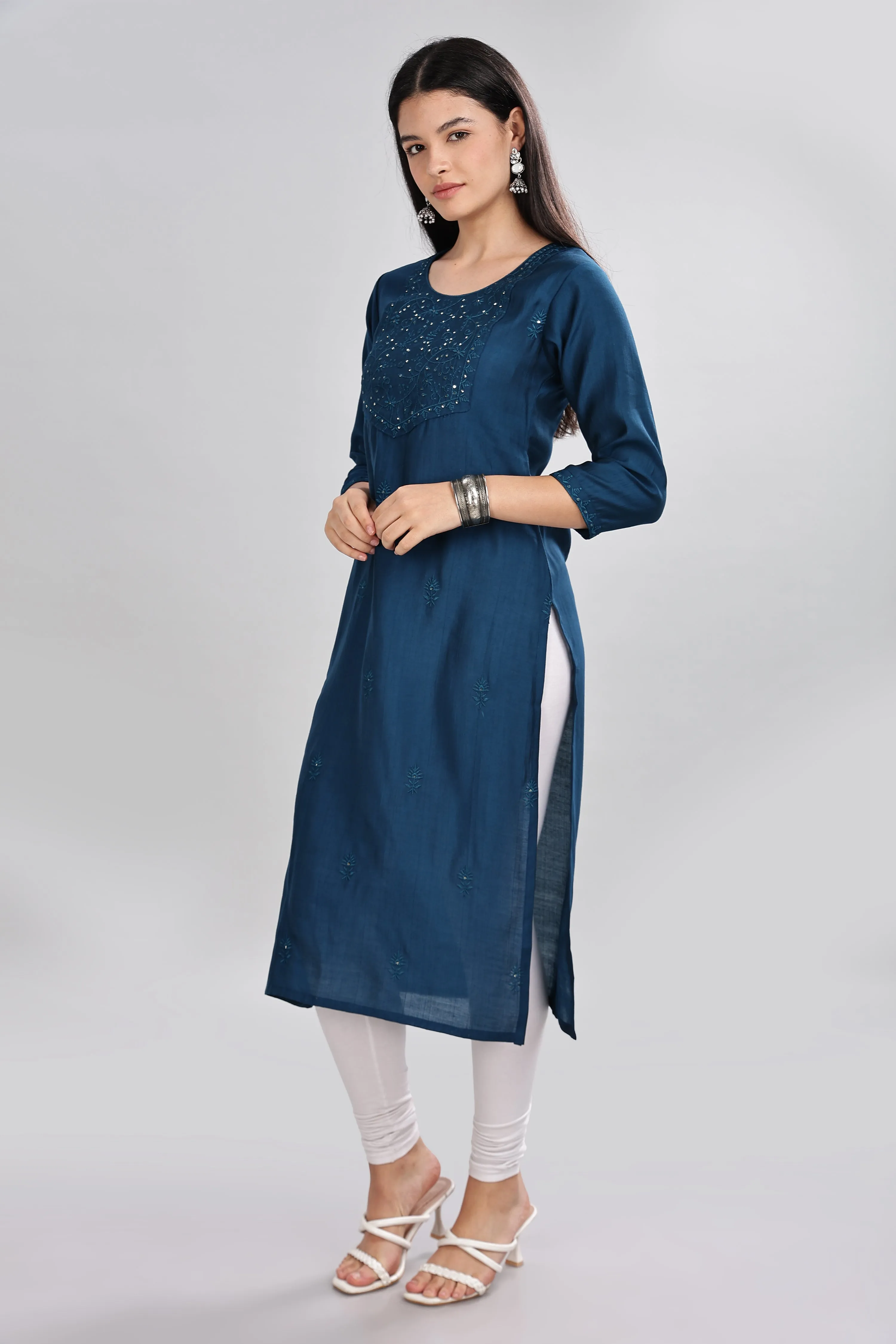 Mythri Round Neck Embroidered Kurta With 3/4th Sleeve  - Blue - KU14