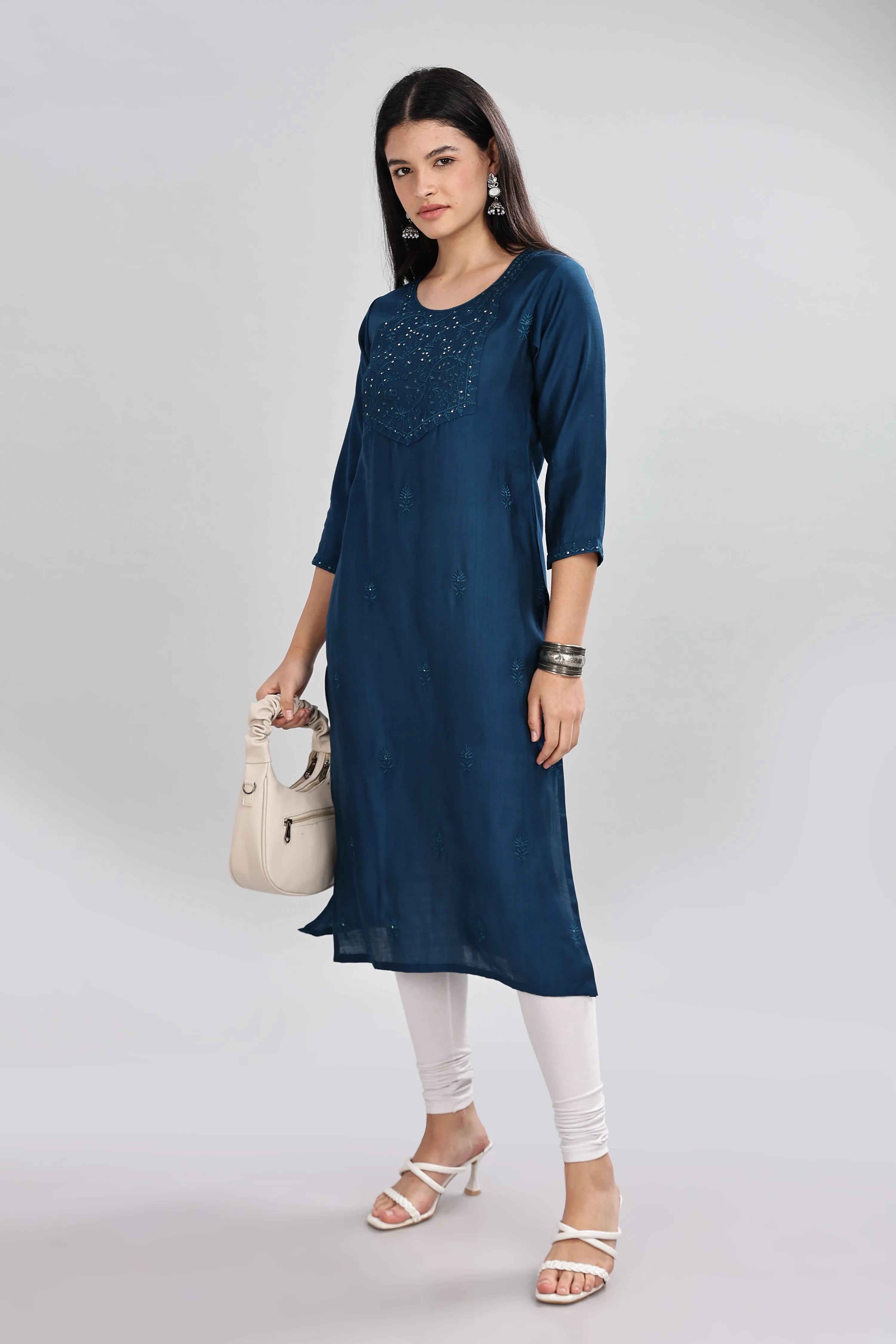 Mythri Round Neck Embroidered Kurta With 3/4th Sleeve  - Blue - KU14