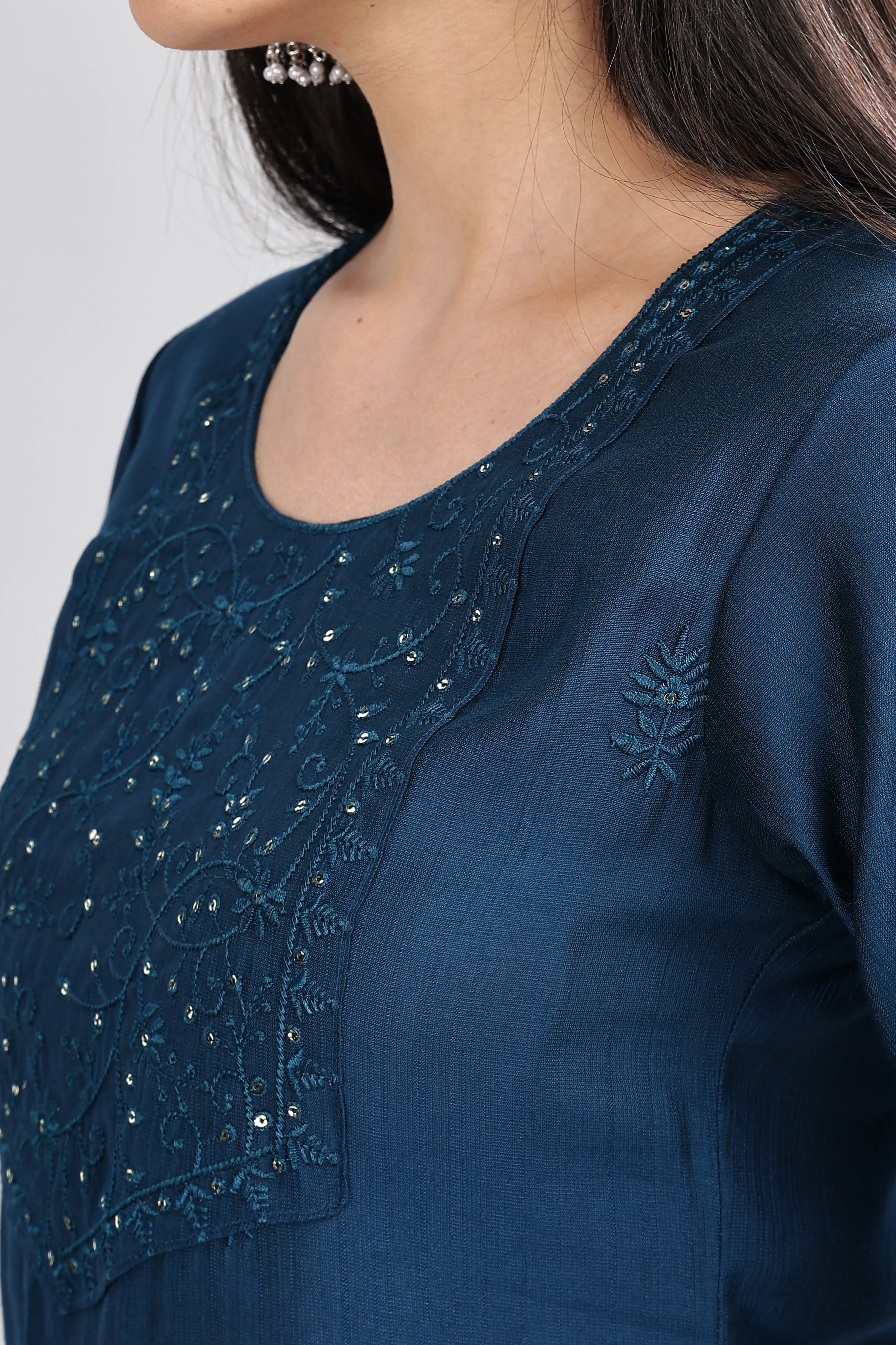 Mythri Round Neck Embroidered Kurta With 3/4th Sleeve  - Blue - KU14