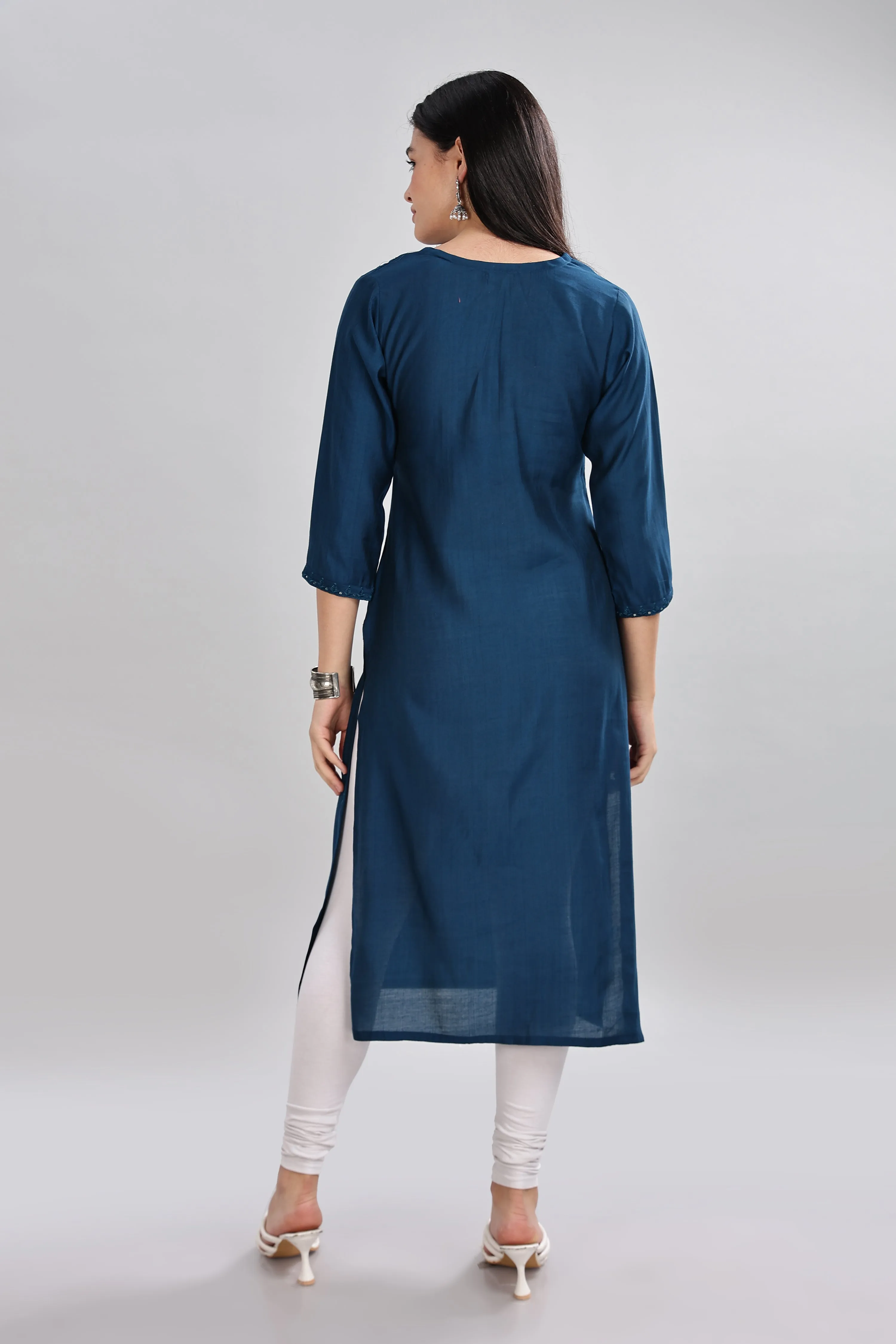 Mythri Round Neck Embroidered Kurta With 3/4th Sleeve  - Blue - KU14