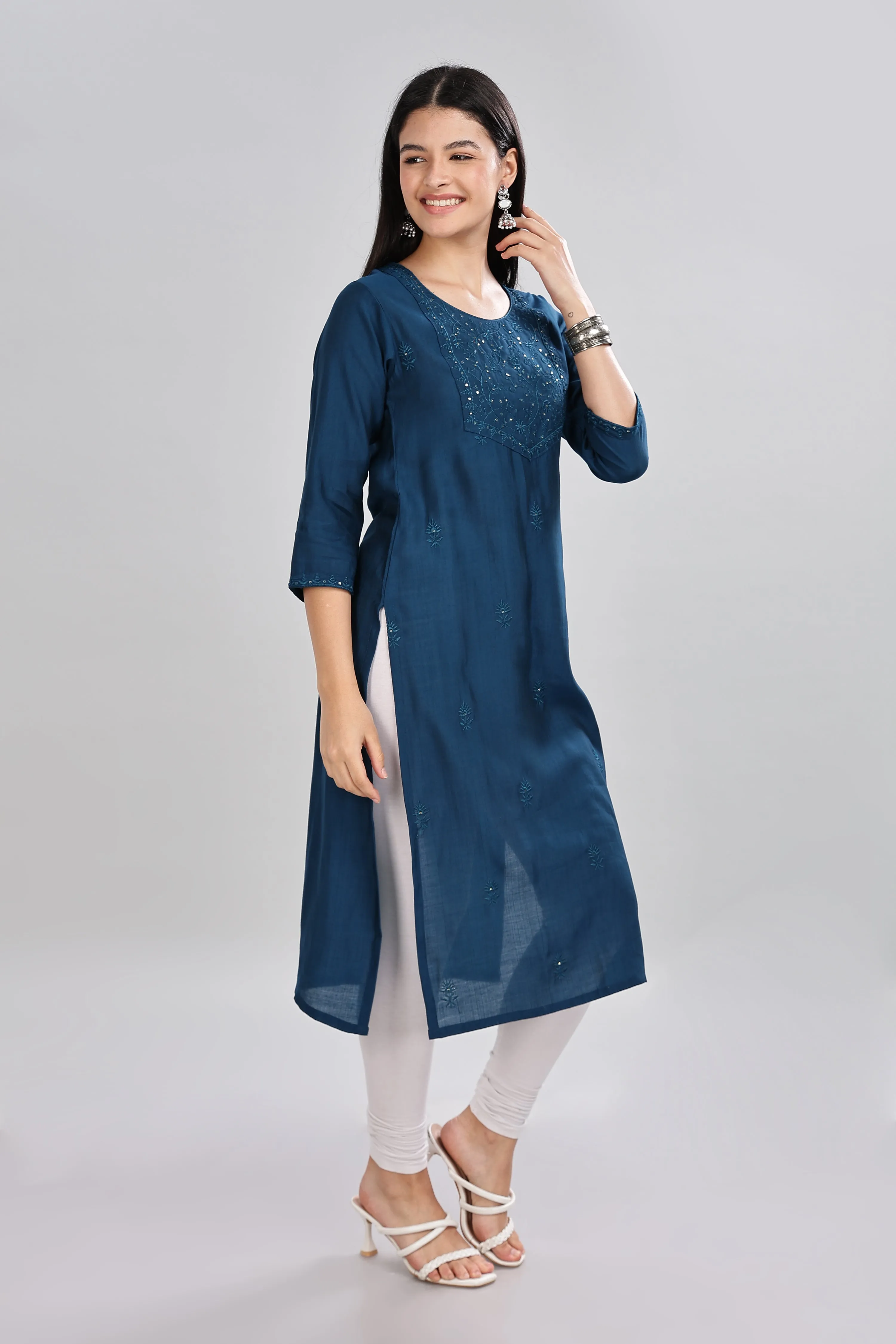 Mythri Round Neck Embroidered Kurta With 3/4th Sleeve  - Blue - KU14