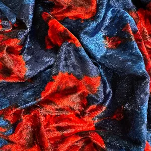 Navy and Red Floral Print Stretch Panne Velour Fabric