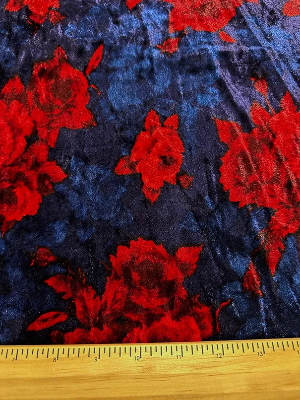 Navy and Red Floral Print Stretch Panne Velour Fabric