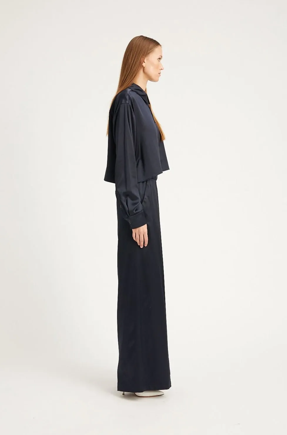 Navy Silk Wide Leg Pintuck Pants