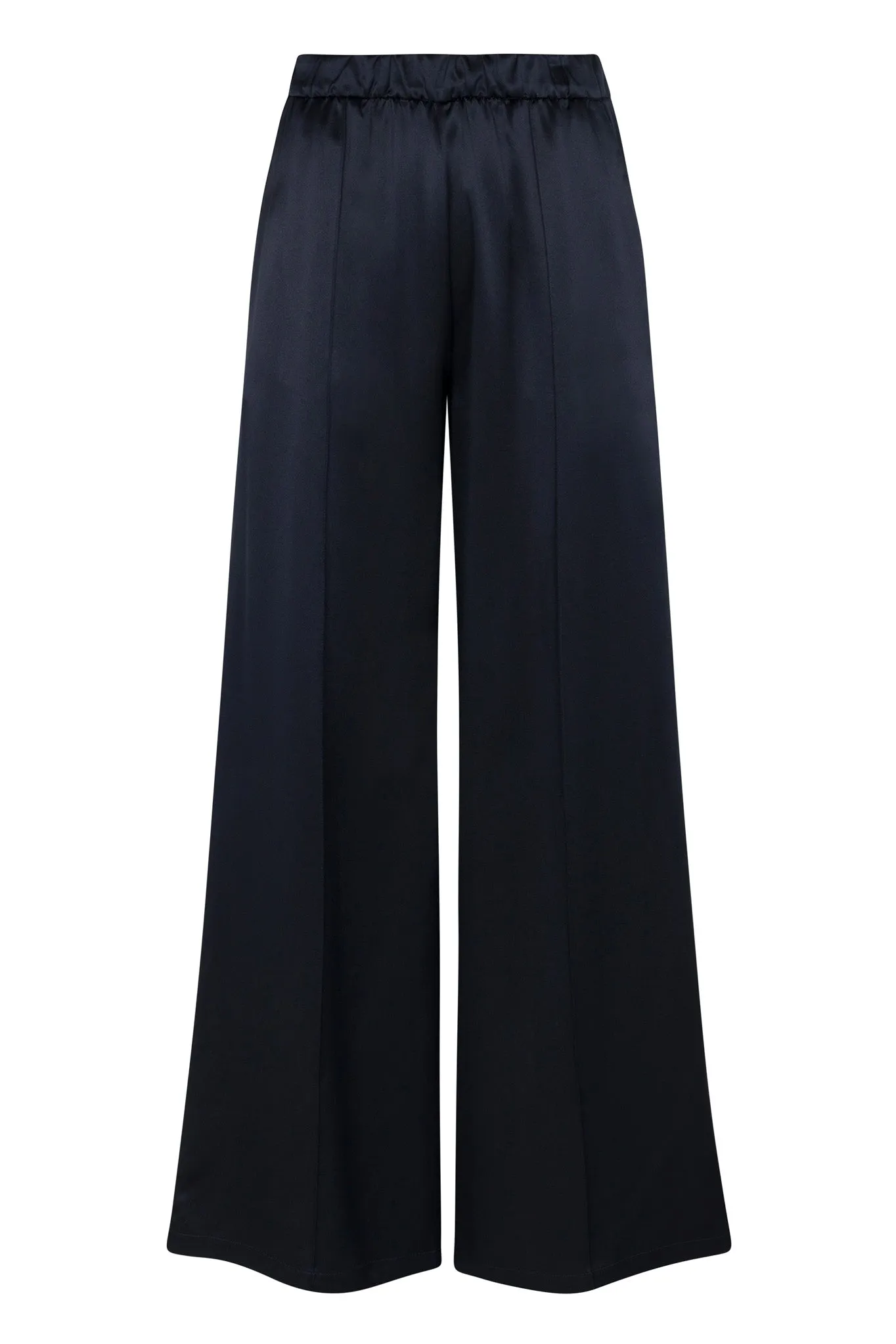 Navy Silk Wide Leg Pintuck Pants