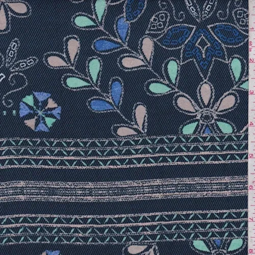 Navy/Beige/Mint Floral Stitch Crepe Georgette Fabric