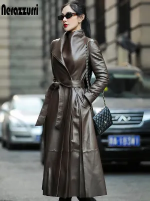 Nerazzurri Autumn long leather trench coat for women belt long sleeve skirted faux leather coat women plus size 7xl