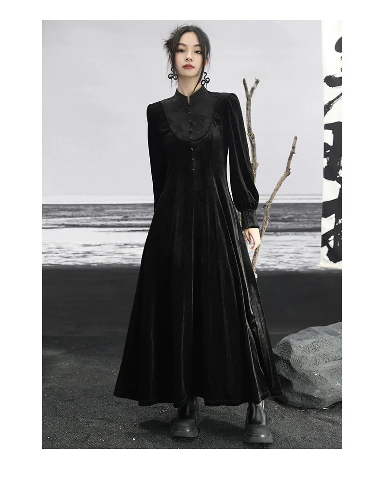 New Chinese Style | Black Lace Dress Women's Stand-up Collar Waist Slimming Long Skirt