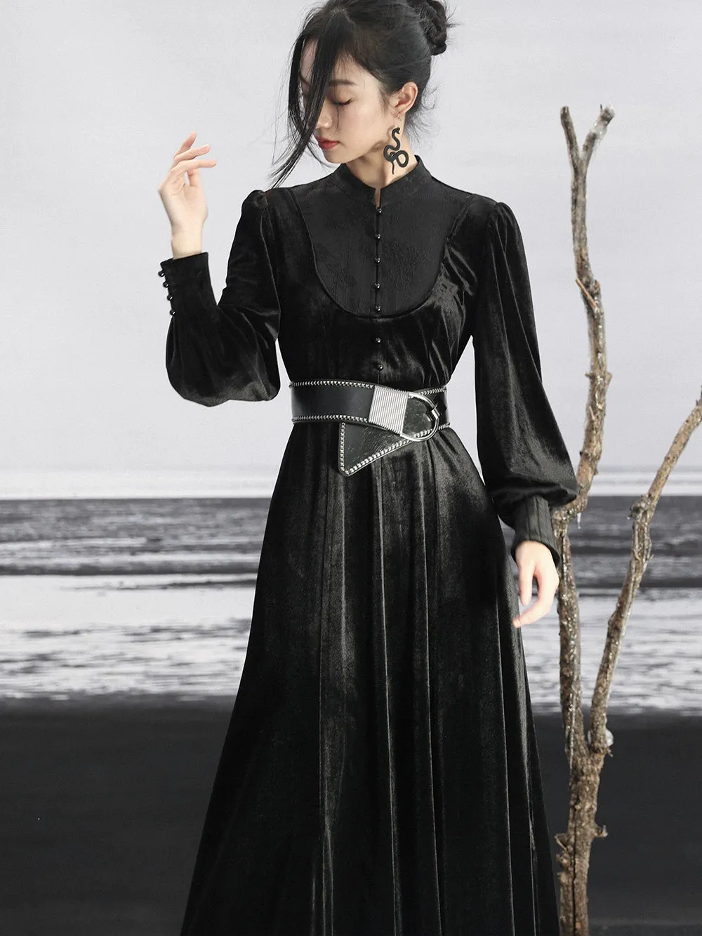 New Chinese Style | Black Lace Dress Women's Stand-up Collar Waist Slimming Long Skirt