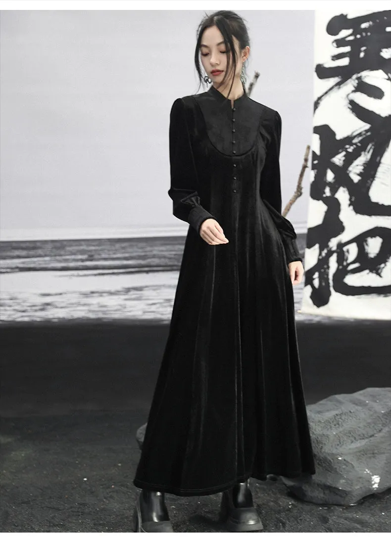 New Chinese Style | Black Lace Dress Women's Stand-up Collar Waist Slimming Long Skirt