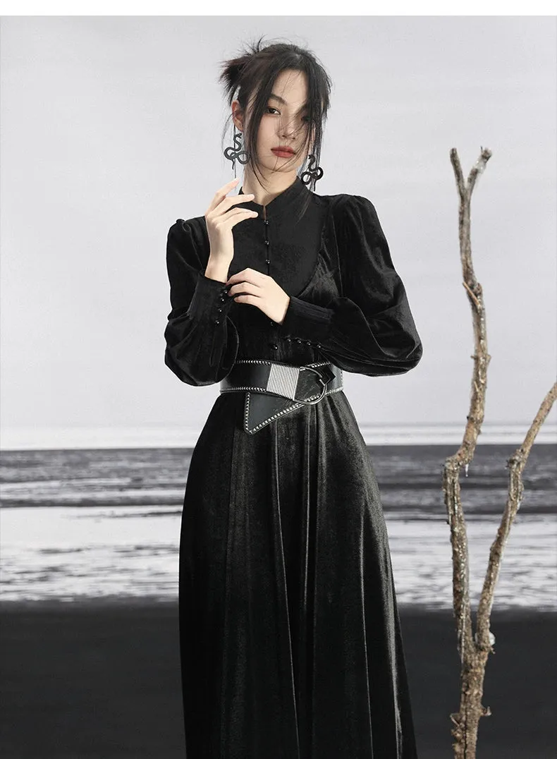 New Chinese Style | Black Lace Dress Women's Stand-up Collar Waist Slimming Long Skirt