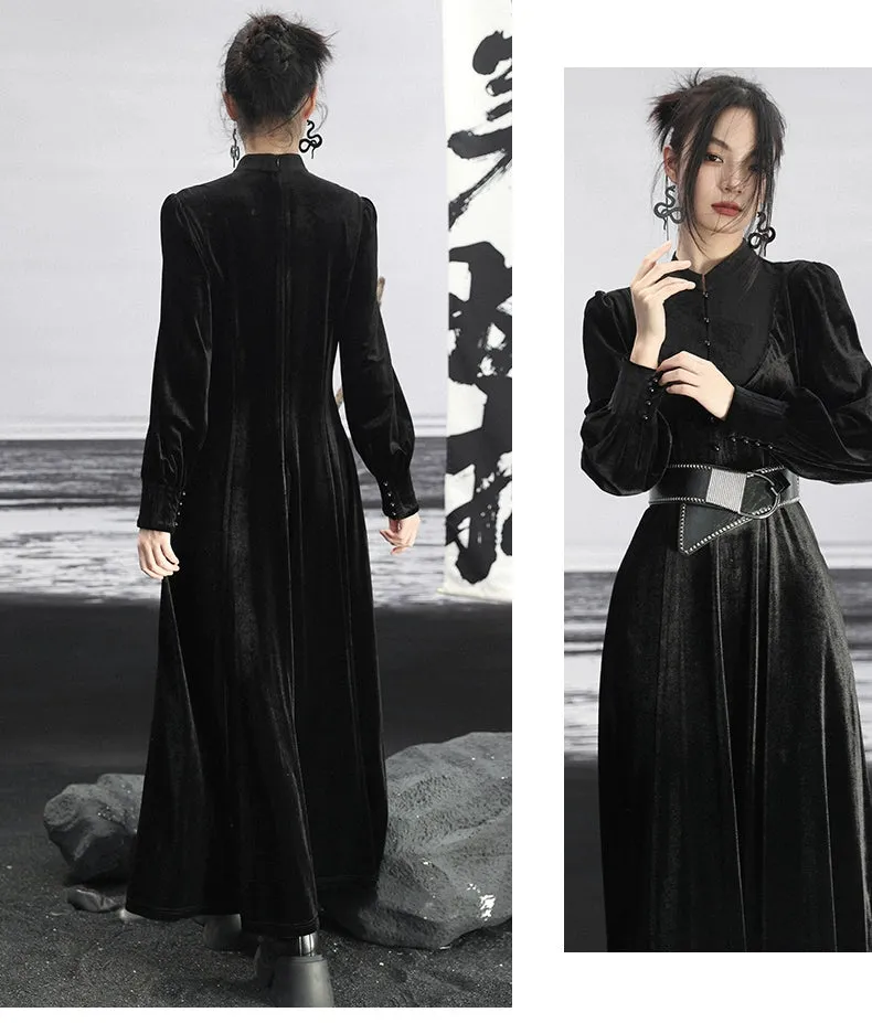 New Chinese Style | Black Lace Dress Women's Stand-up Collar Waist Slimming Long Skirt