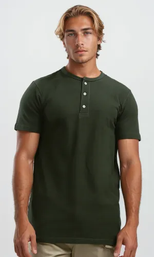 O192768 Cotton Olive Buttoned Summer Henley Shirt