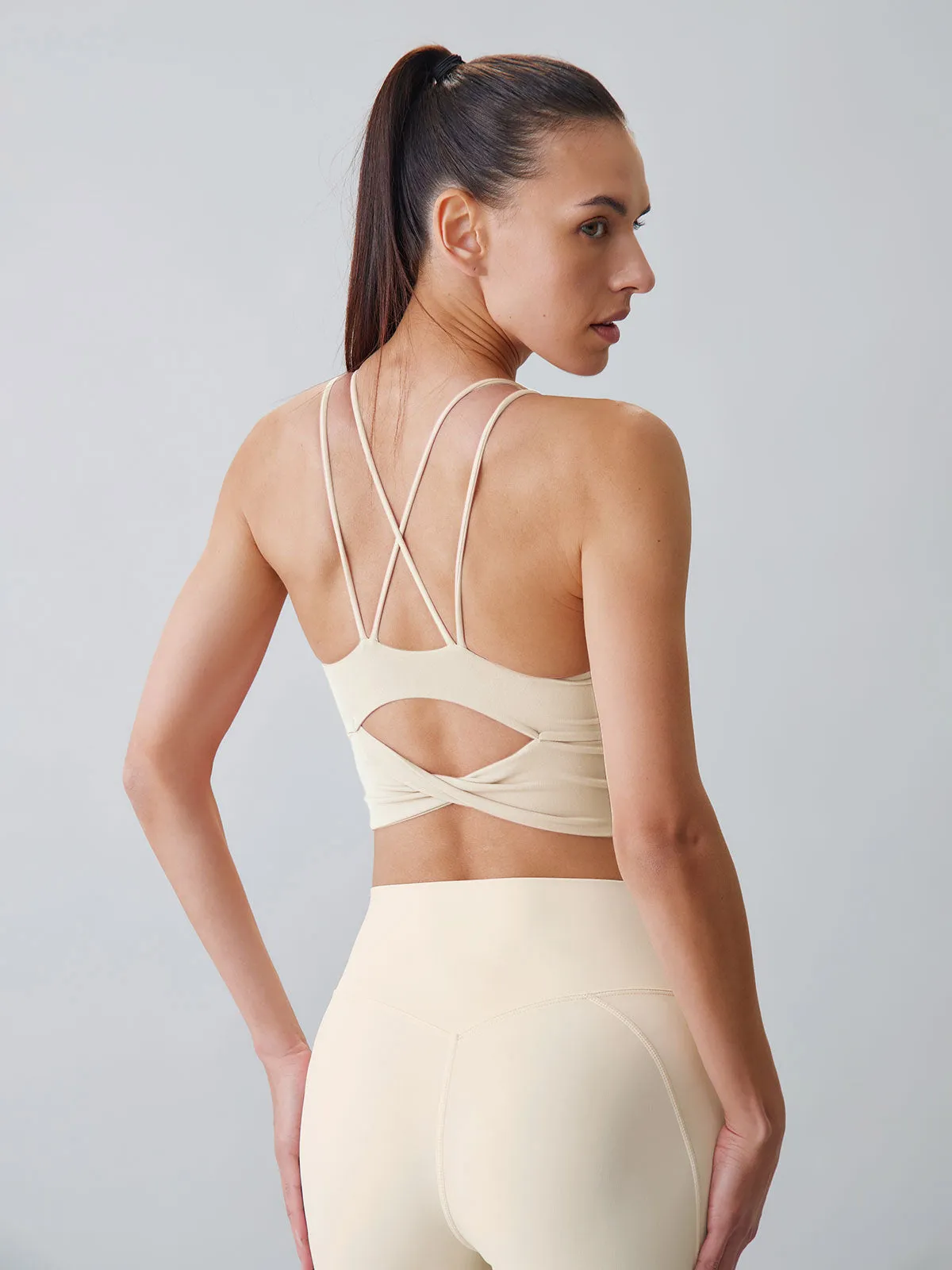 Off White Cut Out Twist Sports Bra - Light Support