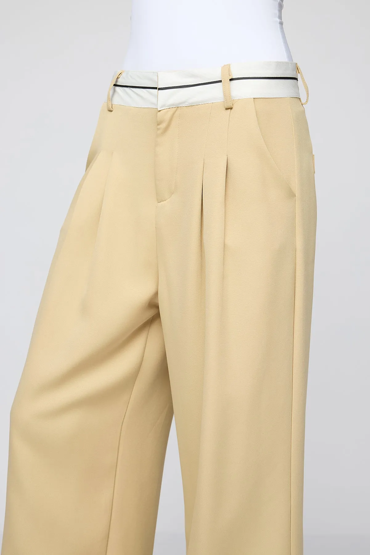 Pale Khaki Contrast Waist Korean Pants