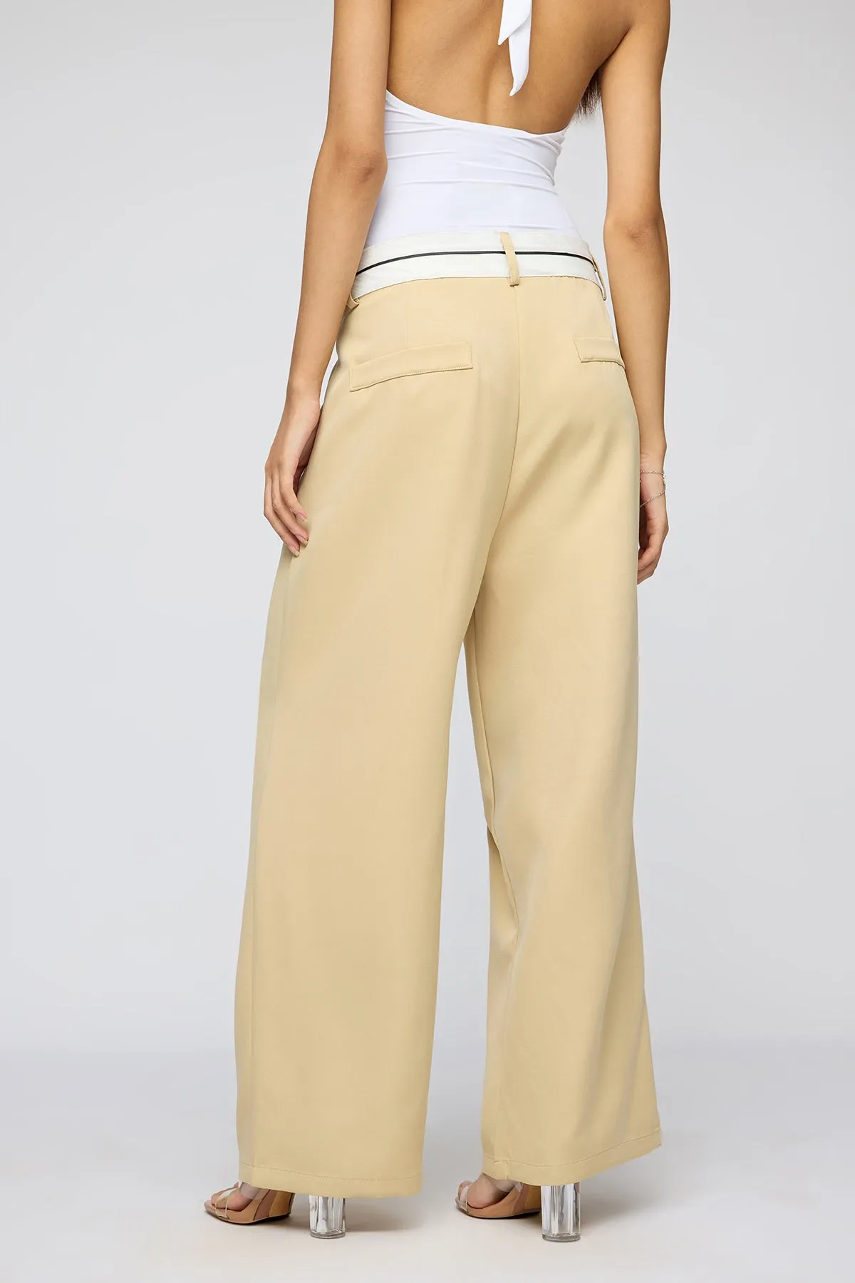 Pale Khaki Contrast Waist Korean Pants