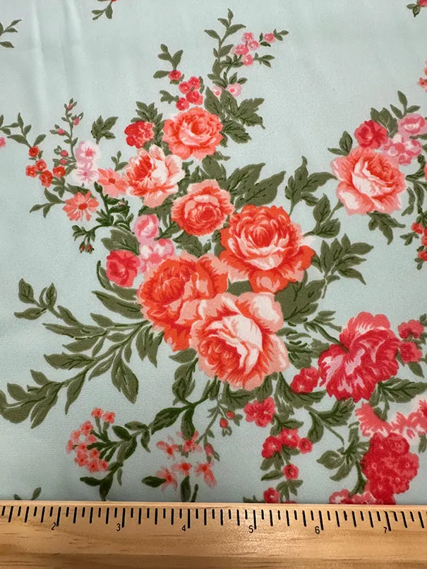 Pink Roses Print Poly Charmeuse Satin Fabric