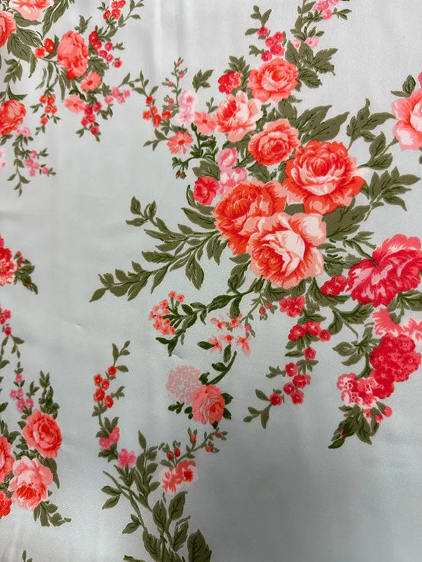 Pink Roses Print Poly Charmeuse Satin Fabric