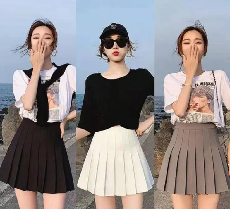 Pleated Women A-Line High Waist Slim-Look Black White Anti-Exposed Summer Skirt