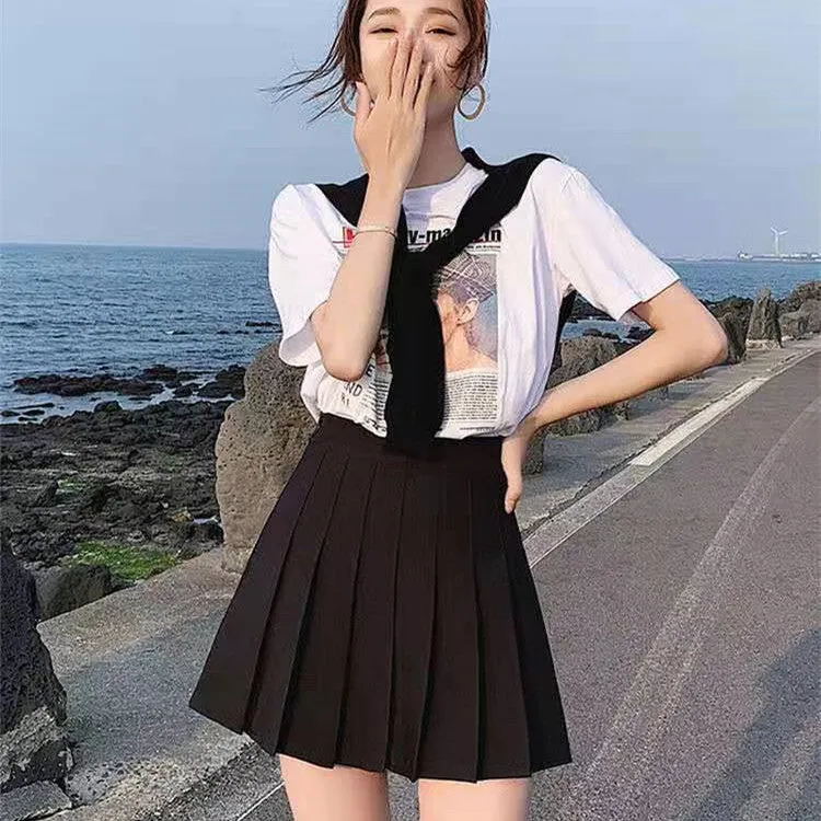 Pleated Women A-Line High Waist Slim-Look Black White Anti-Exposed Summer Skirt