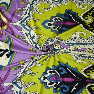 Purple-Chartreuse-Multi Baroque Printed Stretch Silk Jersey Knit Fabric