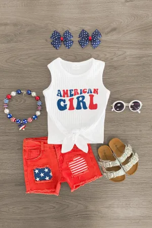 "American Girl" Red Denim Short Set