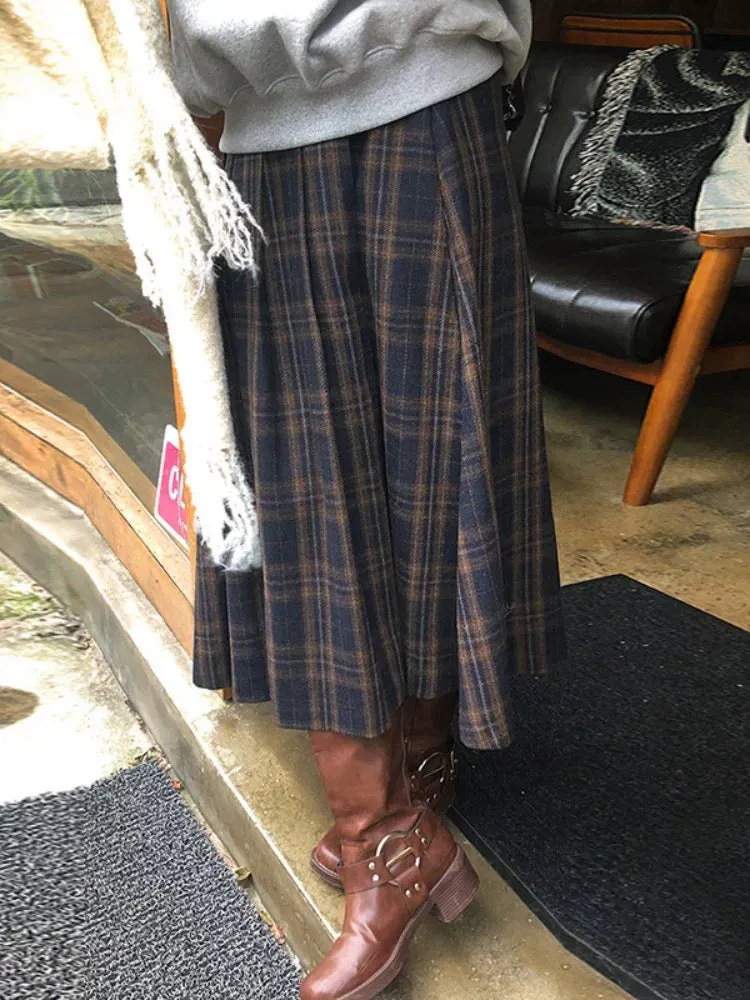 Retro High Waist Contrast Plaid Skirt