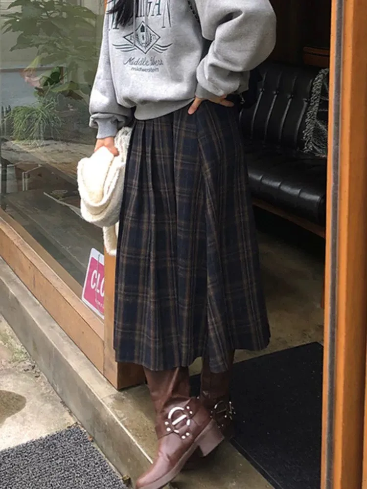 Retro High Waist Contrast Plaid Skirt