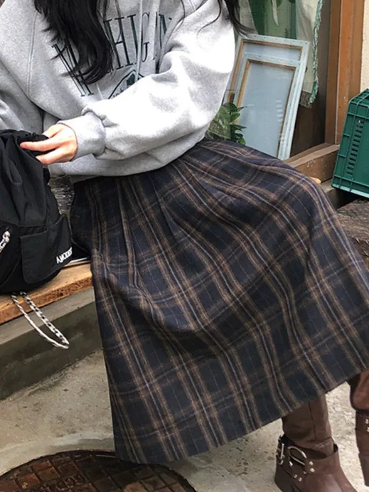 Retro High Waist Contrast Plaid Skirt