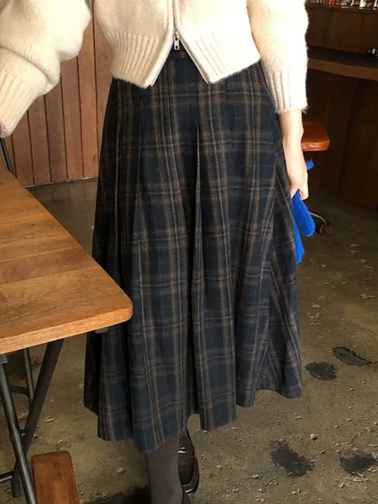 Retro High Waist Contrast Plaid Skirt