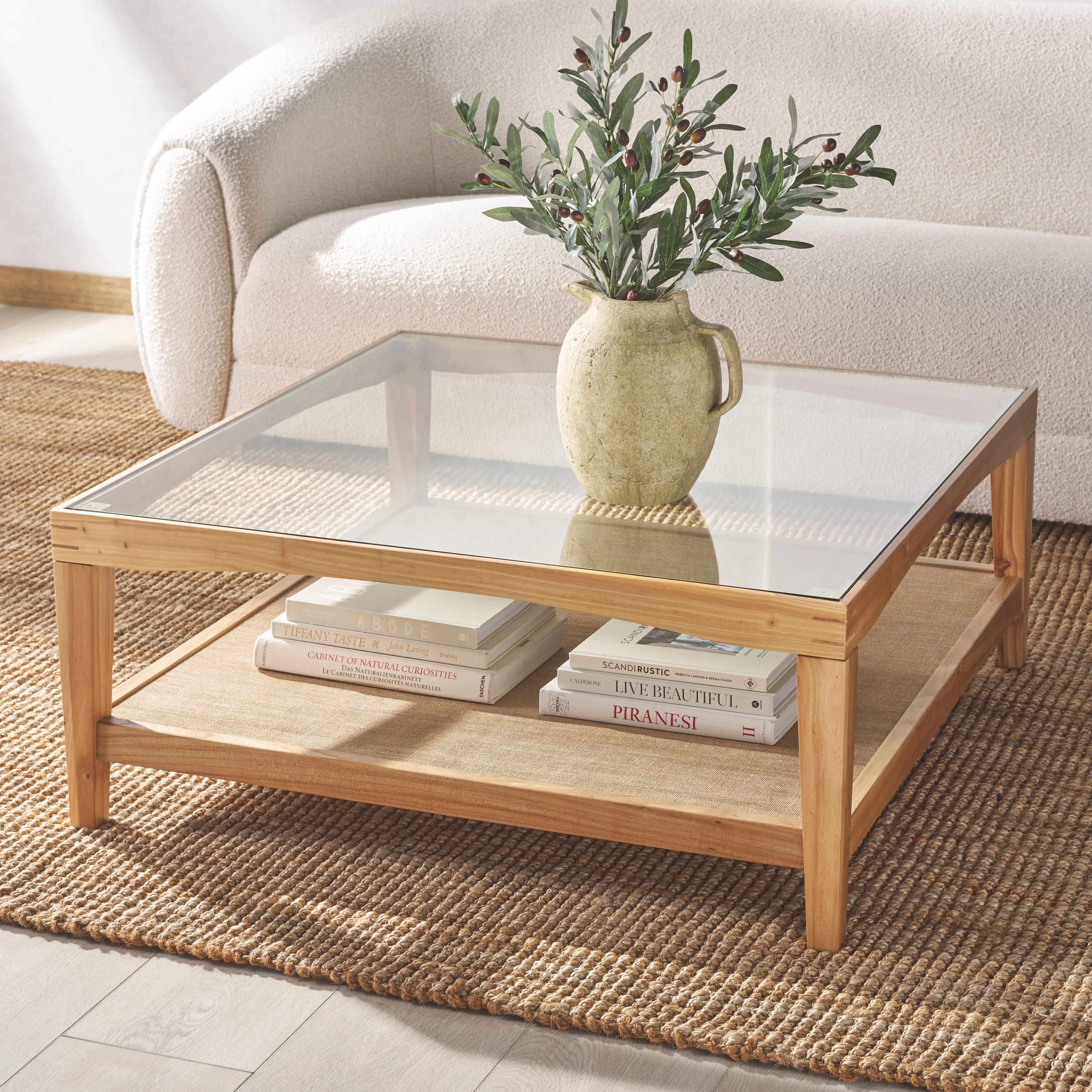 Safavieh Couture Nicolella Square Glass And Linen Coffee Table, SFV2311