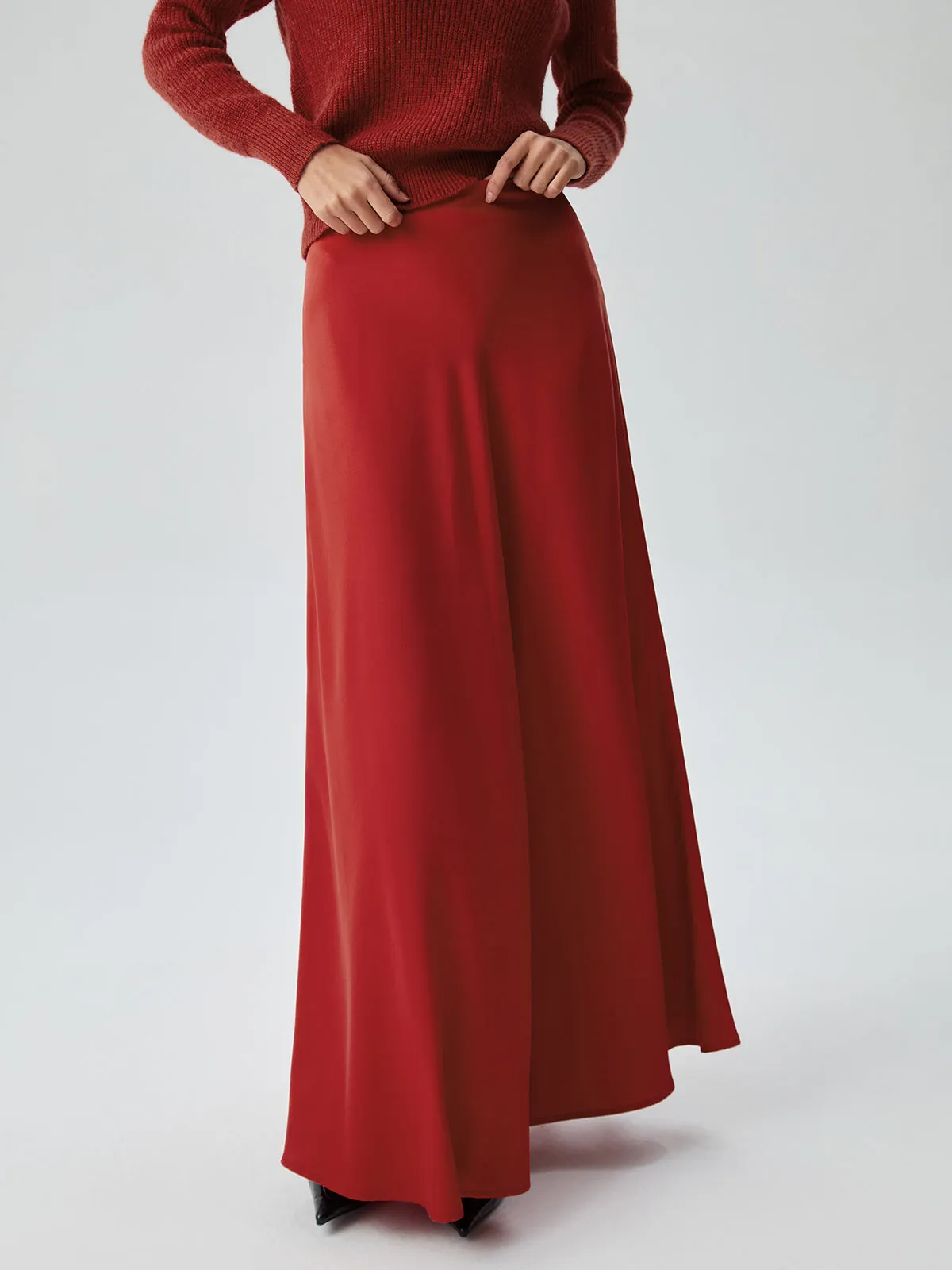 Satin Pleated Graceful Long Skirt