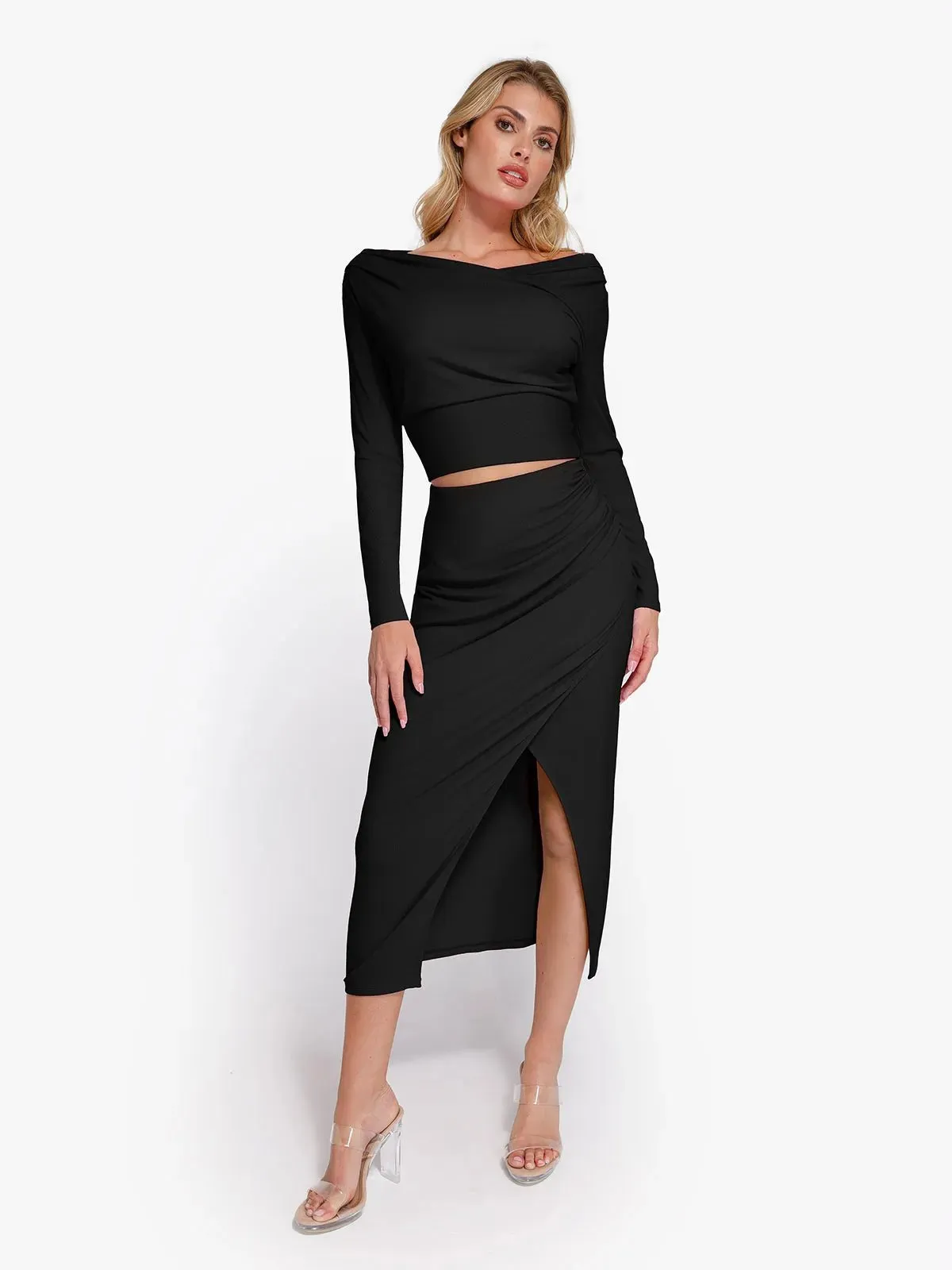 Shapewear Rib Modal Off-the-Shoulder Top Sculpting Skirt Set