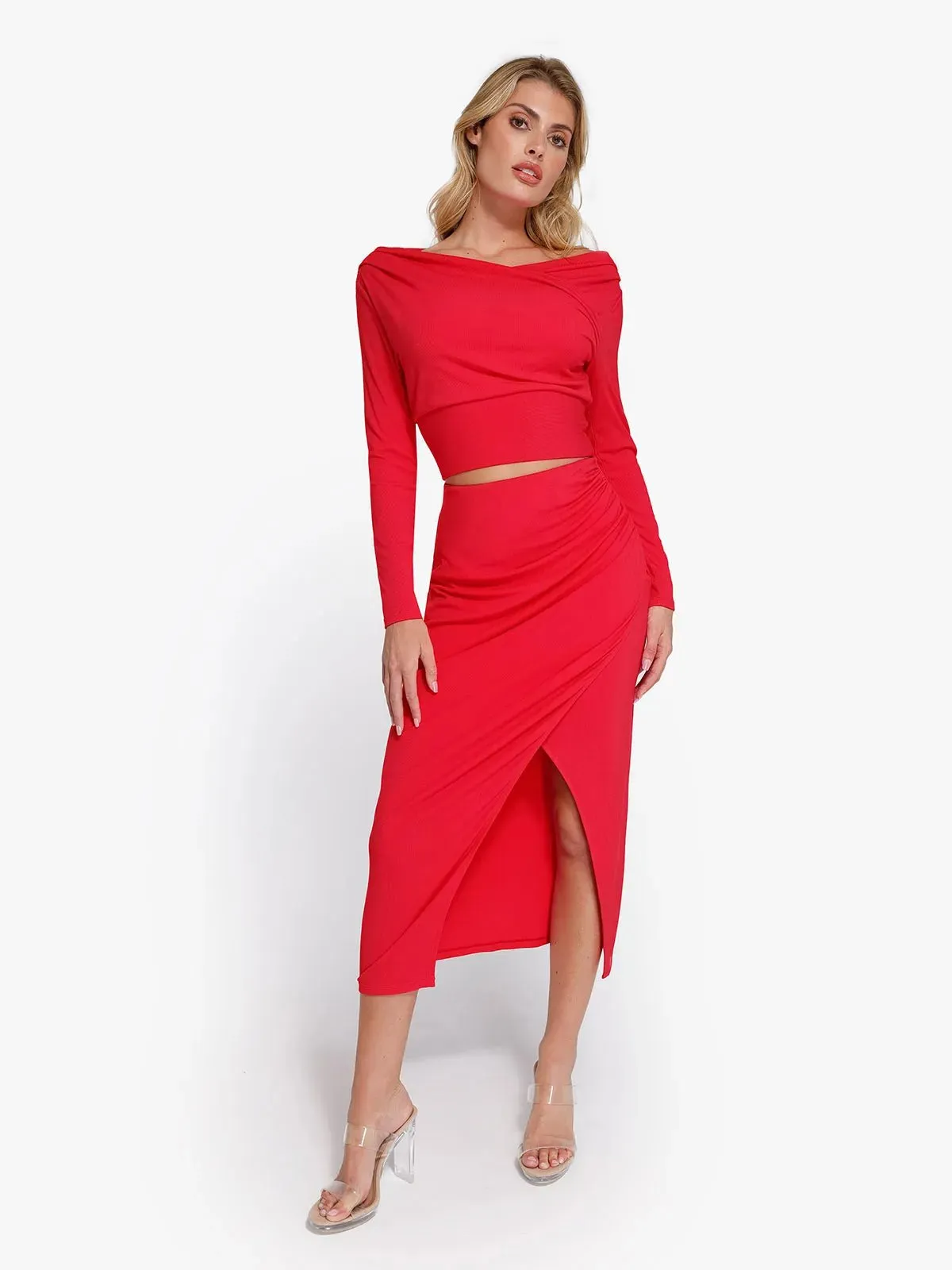 Shapewear Rib Modal Off-the-Shoulder Top Sculpting Skirt Set