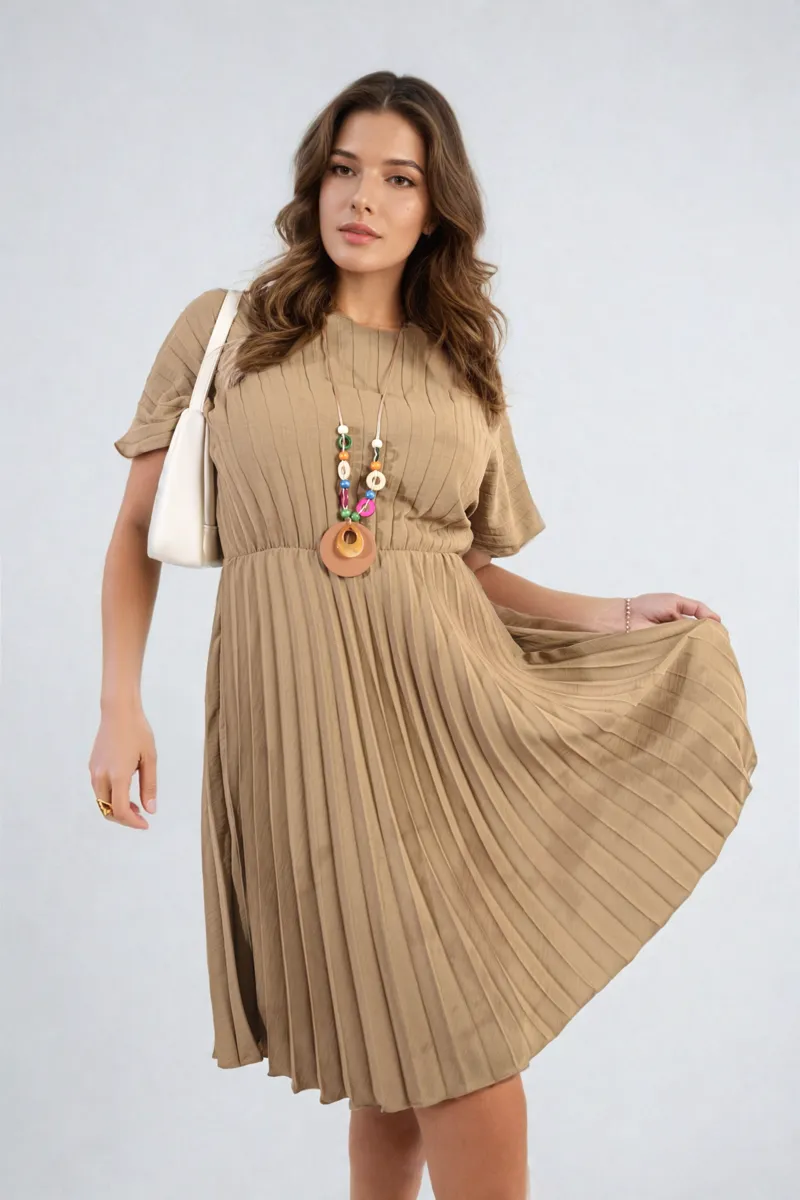 Short Sleeve Pleated Midi Dress