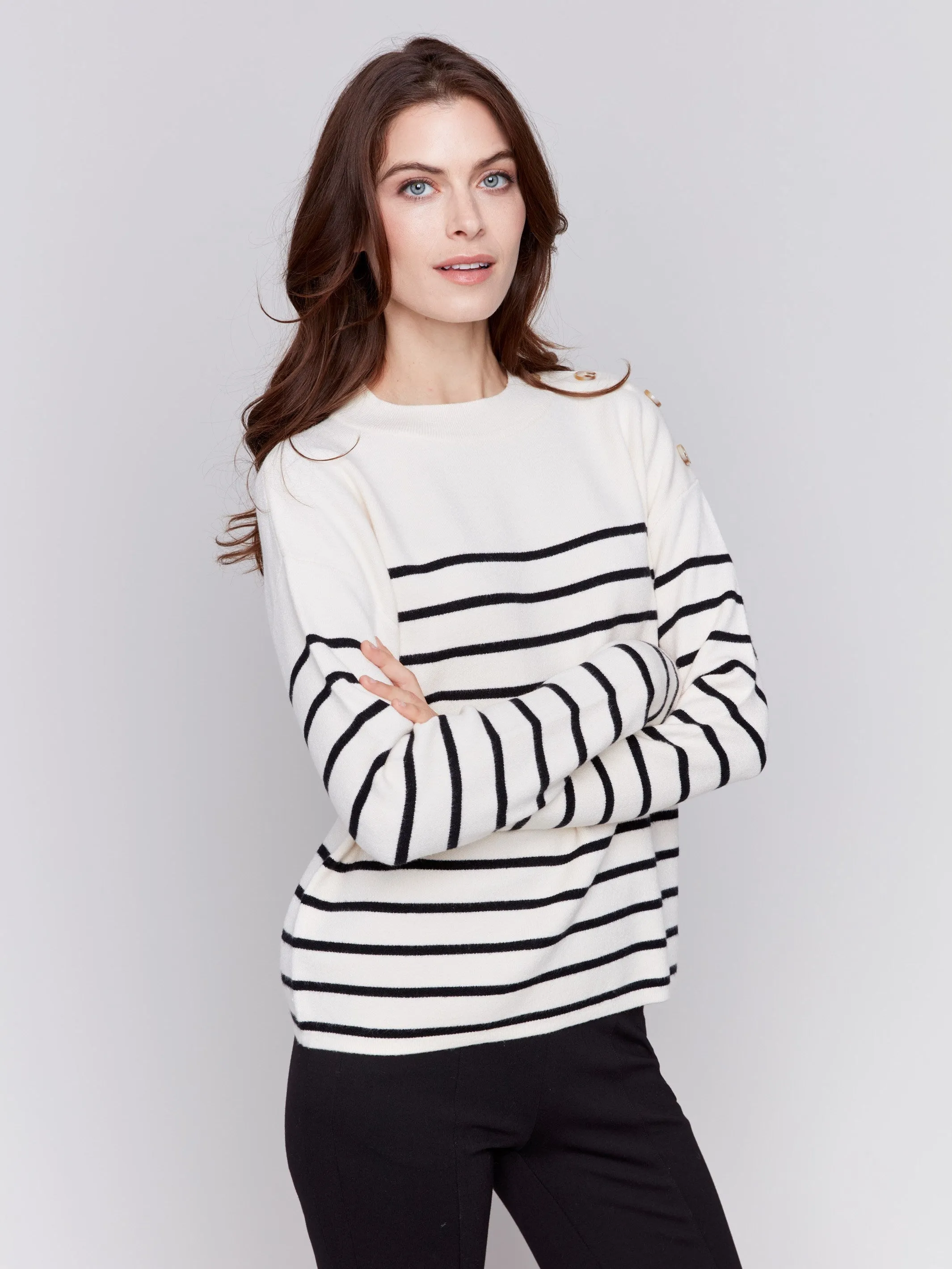 Striped Sweater With Button Detail - Ecru