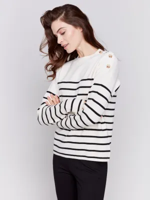 Striped Sweater With Button Detail - Ecru