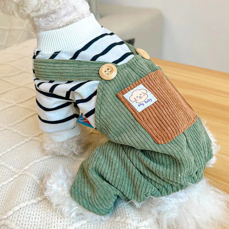 Stylish Stripes and Army Green Four-Legged Strap Pants for Small and Medium-Sized Dogs - Perfect Pet Apparel for Spring and Autumn